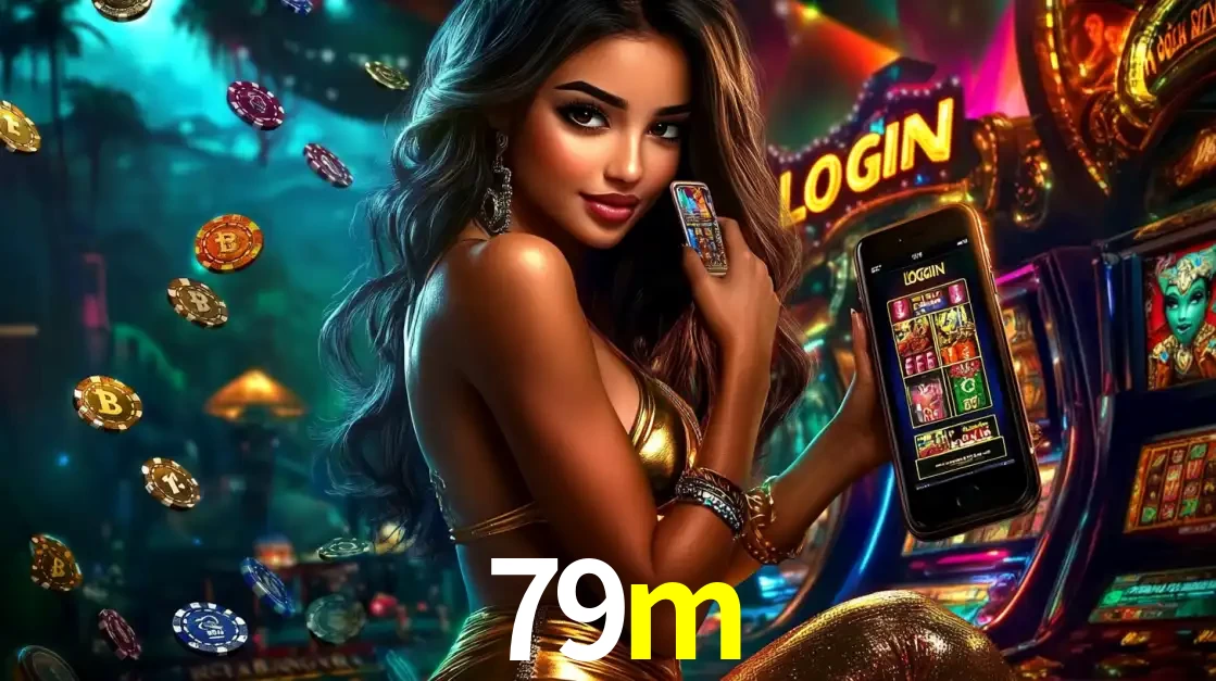 Mulher em um cenário de cassino temático de aventura, mostrando o app de caça-níqueis da 79m no celular. Fichas de apostas flutuam ao redor.