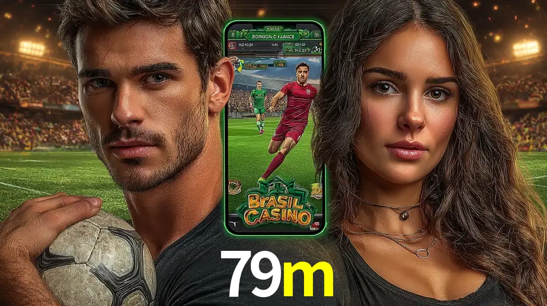 Homem segurando uma bola de futebol e uma mulher ao lado de um smartphone exibindo o jogo de apostas esportivas da 79m. Faça seu palpite no cassino online.